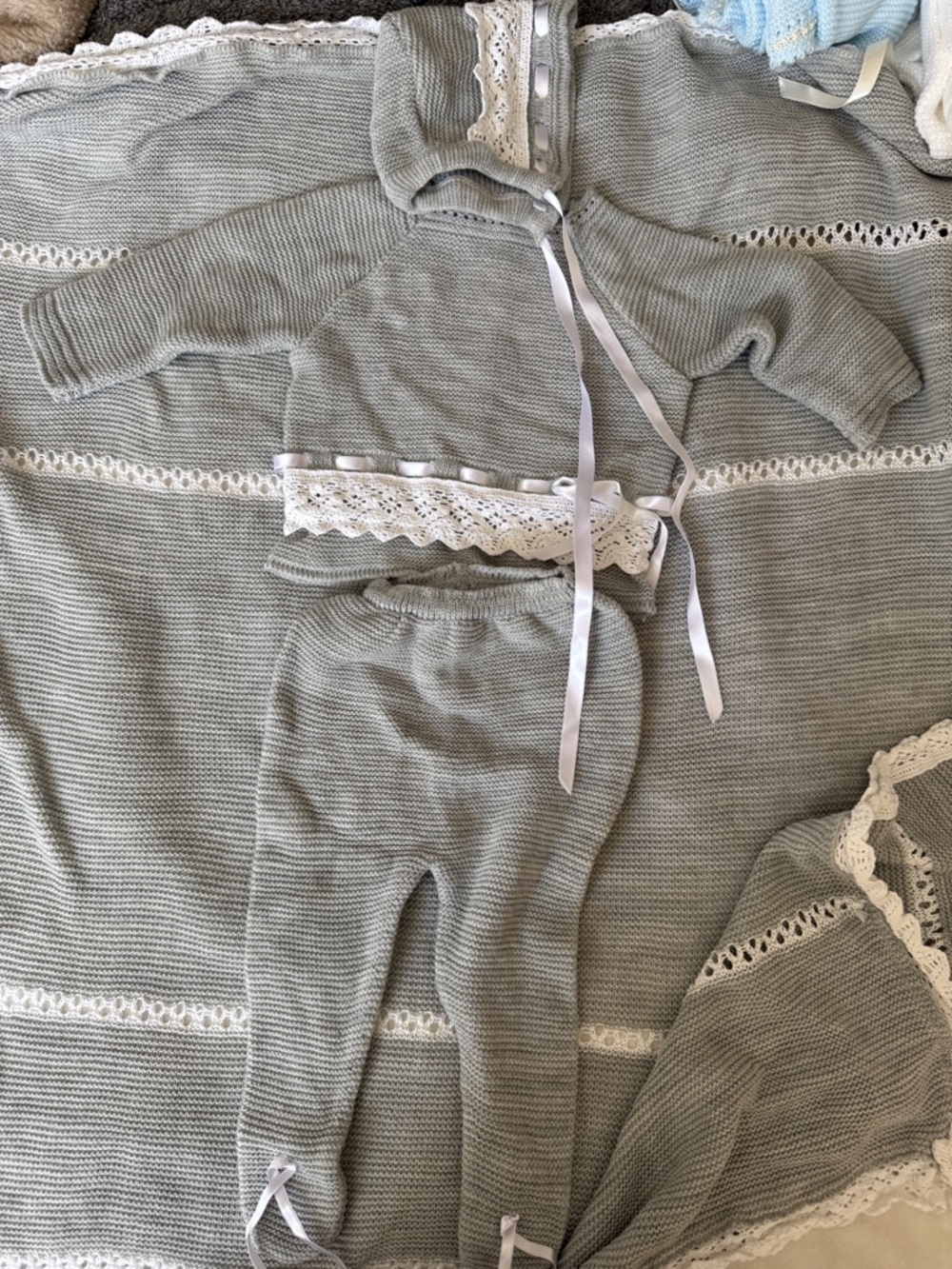 Soft Knit Set with Lace Trim in Light Gray with matching blanket